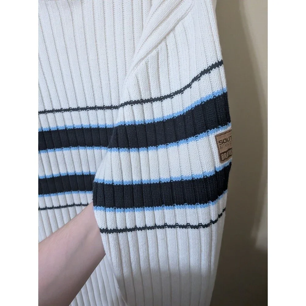 Vintage Southpole Striped Ribbed Knit Sweater Mens XXL White Blue Crewneck Y2K